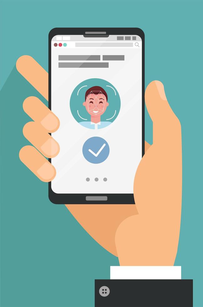 Facial recognition concept. Face ID, face recognition system. Hand holding smartphone with human head and scanning app on screen. Modern application. Flat design graphic elements. Vector flat cartoon