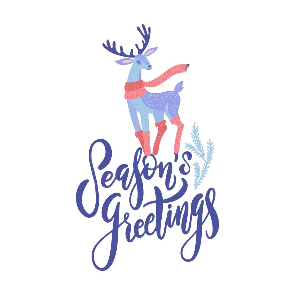 Vector Season s Greetings lettering design with hand drawn cartoon deer. Christmas or New Year s decor. Happy Holidays card, poster concept.