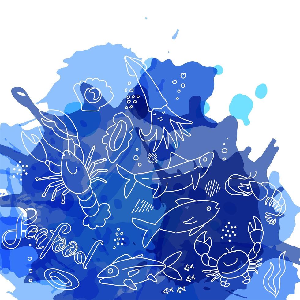patrón de mariscos dibujado a mano con textura de acuarela azul. Fondo vectorial de mariscos. habitantes marinos en estilo moderno de garabatos para el diseño de menús de restaurantes, envolturas, pancartas con efecto acuarela vector