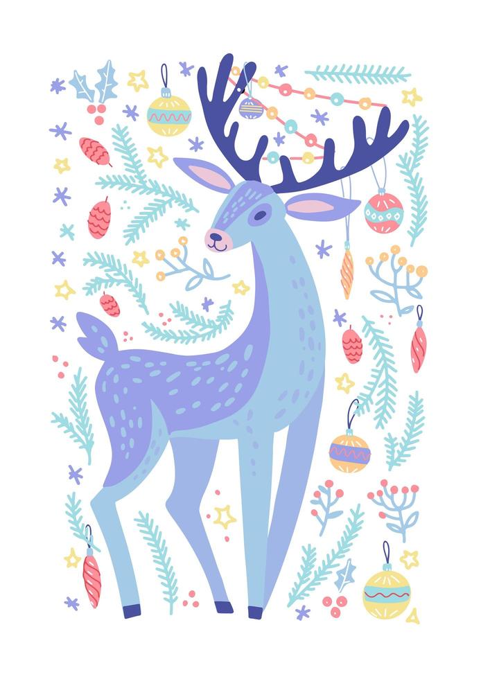 Christmas background with Forest deer animal with a garland on the antlers, green pine twigs, berries, snow. Vector hand drawn illustration. Nature design. Season greeting card. Winter Xmas holidays