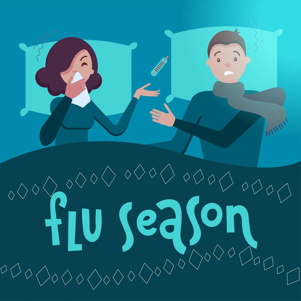 Man and woman in bed at night. Husband and wife got the flu or cold. Sick at home lie under the blanket. Virus infection. Allergy. Vector flat cartoon illustration