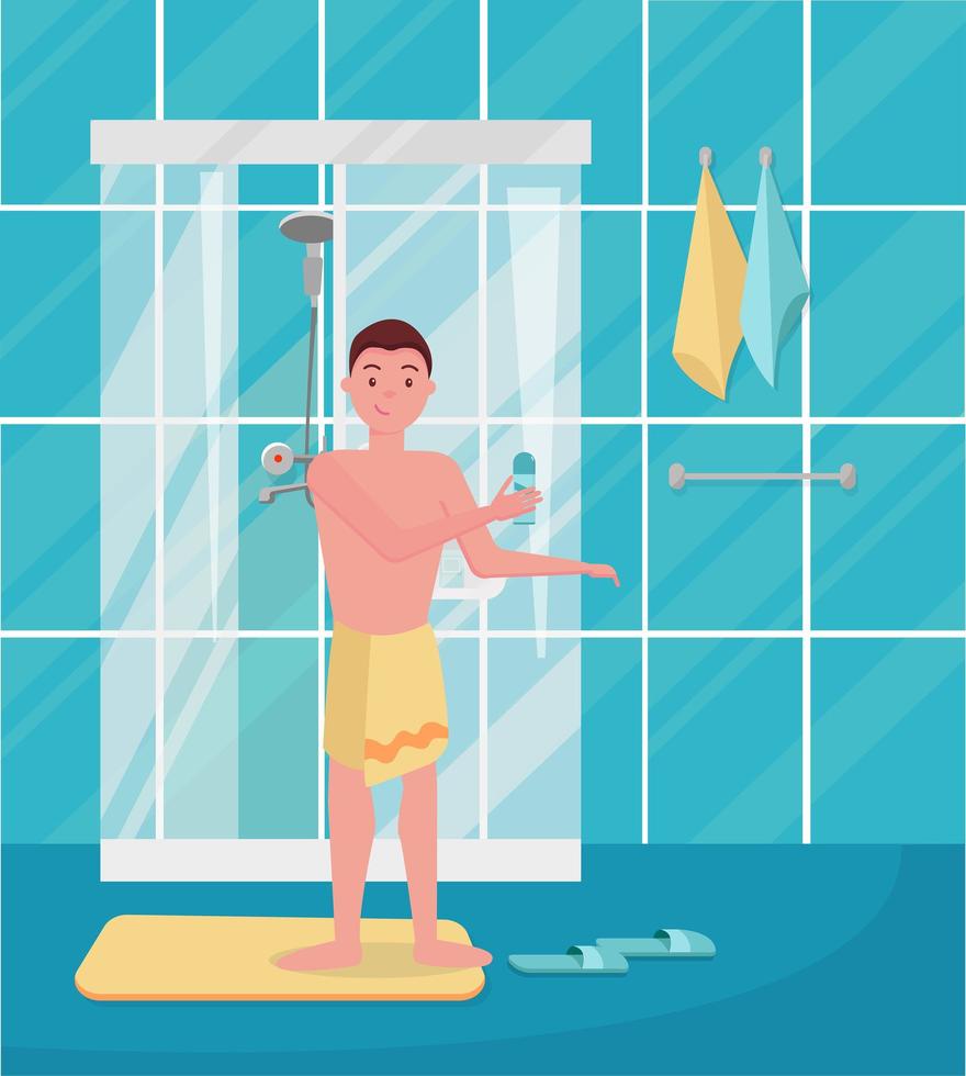 Cute funny young man came out of the shower. Hapy man taking shower in the morning. Guy standing in the bathroom. Morning routine, daily procedure. Flat modern cartoon vector illustration.