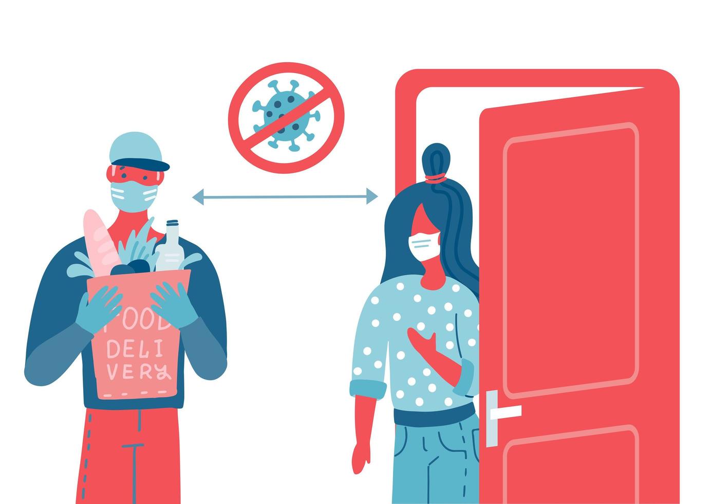 Bags safe delivery to the door. A courier with grocery or goods bags. People in white medical masks. Concept of home delivery service while coronavirus COVID-19 pandemic. Vector flat illustration