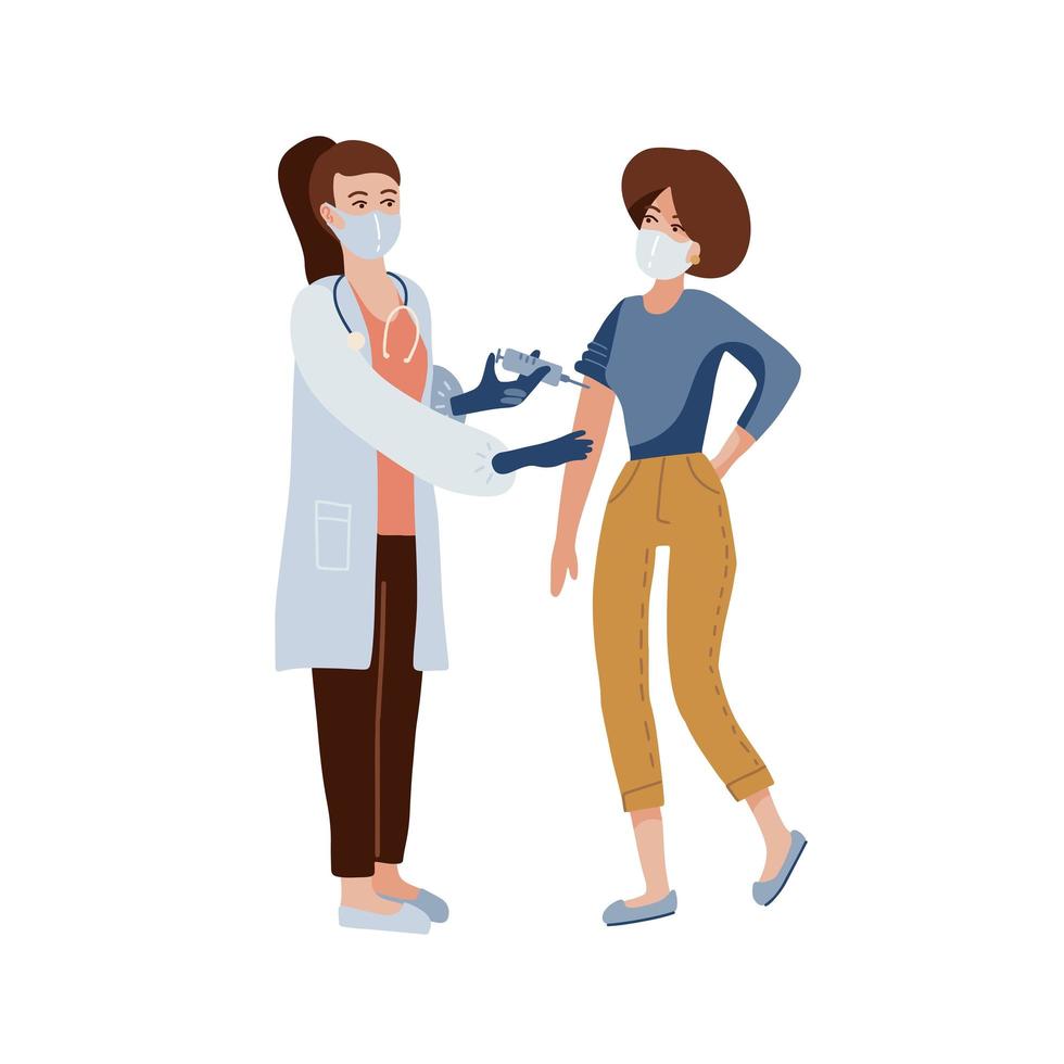 Woman doctor in protective medical mask and uniform holding syringe and making injection to young female patientc. Vaccination, Covid-19 coronavirus vaccine concept. flat vector isolated illustration.