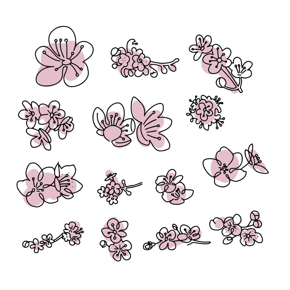 Japanese sakura buds set. Cherry blossom flowers in one line art style. Black and white doodle with abstract pink shapes. Spring element collection. vector