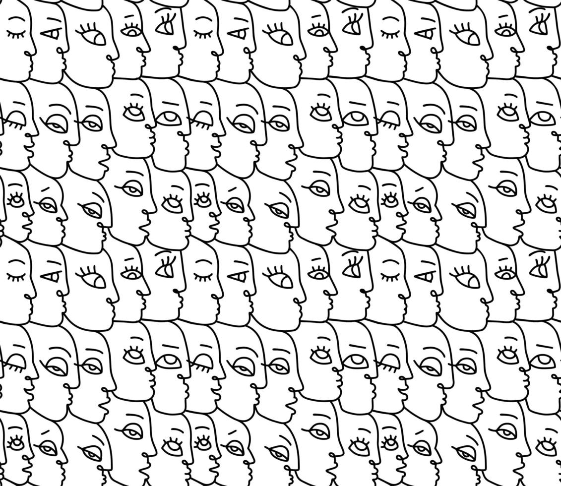 Linear drawing abstract faces seamless pattern. Modern aesthetic print, minimalism, contour line art. Continuous with people faces. Vector hand drawn illustration