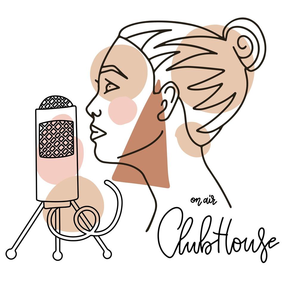 Linear female profile with mic. Oodcast on air in voice chat room. Concept of popular method of exchanging messages and thoughts in web or internet. Outline trend modern graphic art design vector