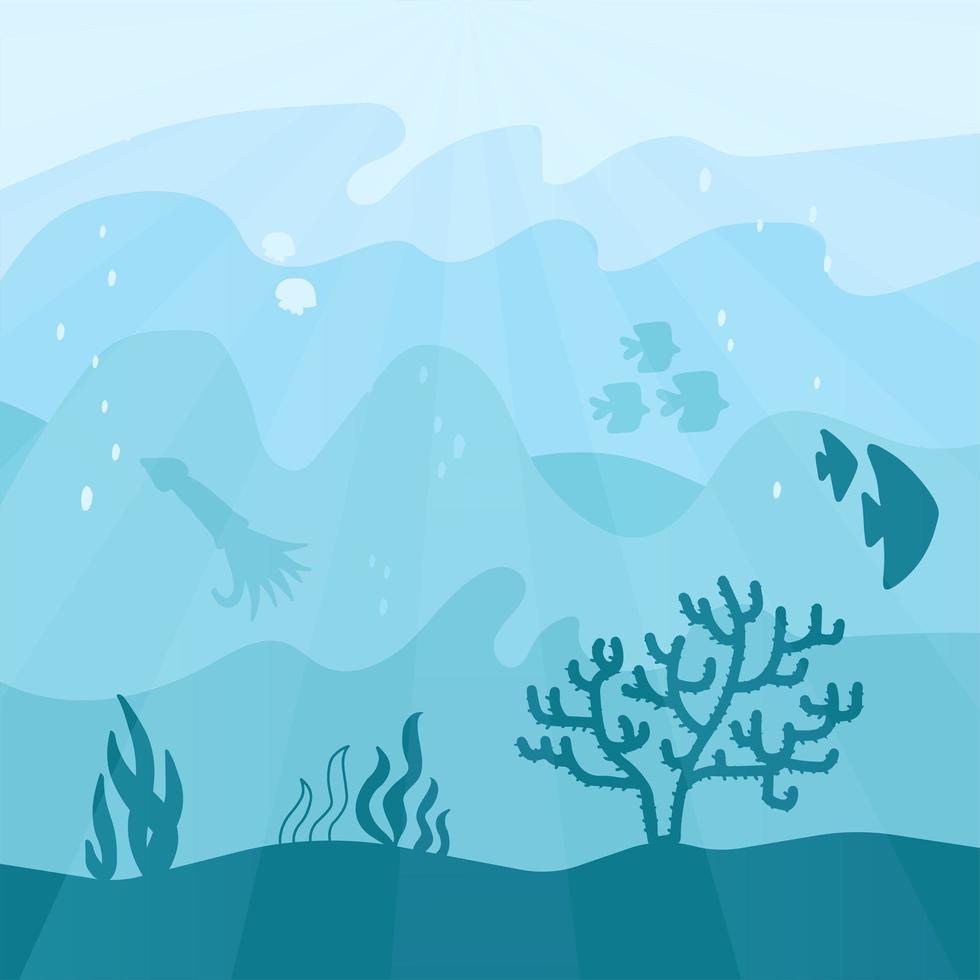 Underwater cartoon flat background with fish silhouette, seaweed, coral, squid, jellyfish. Ocean sea life in different shades of the aquamarine color . Vector illustration of Undersea Landscape