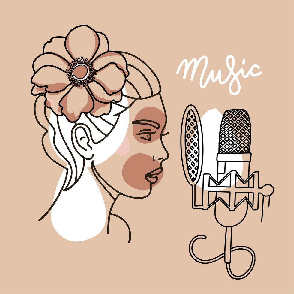 mujer con flor en el pelo cantando en un micrófono sobre un fondo beige, concepto de vocalista femenina. ilustración vectorial lineal. hermosa joven canta. vector