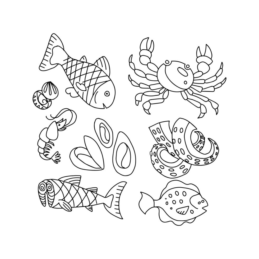 conjunto de garabatos, bocetos de temas de mariscos simples y ásperos dibujados a mano. conjunto de vectores aislado sobre fondo blanco. elementos de pescados y mariscos. ilustración infantil para diseño web, estampados textiles, portadas, carteles, menú