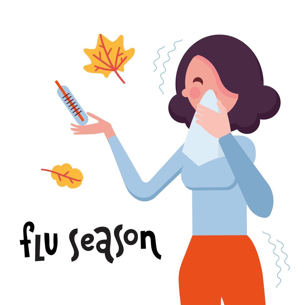 Lettering Flu Season and illustration of sick man with running nose, blowing her nose with wipe handkerchief - ill with infection, allergy, flu or fever. Influenza. Catch a cold. vector