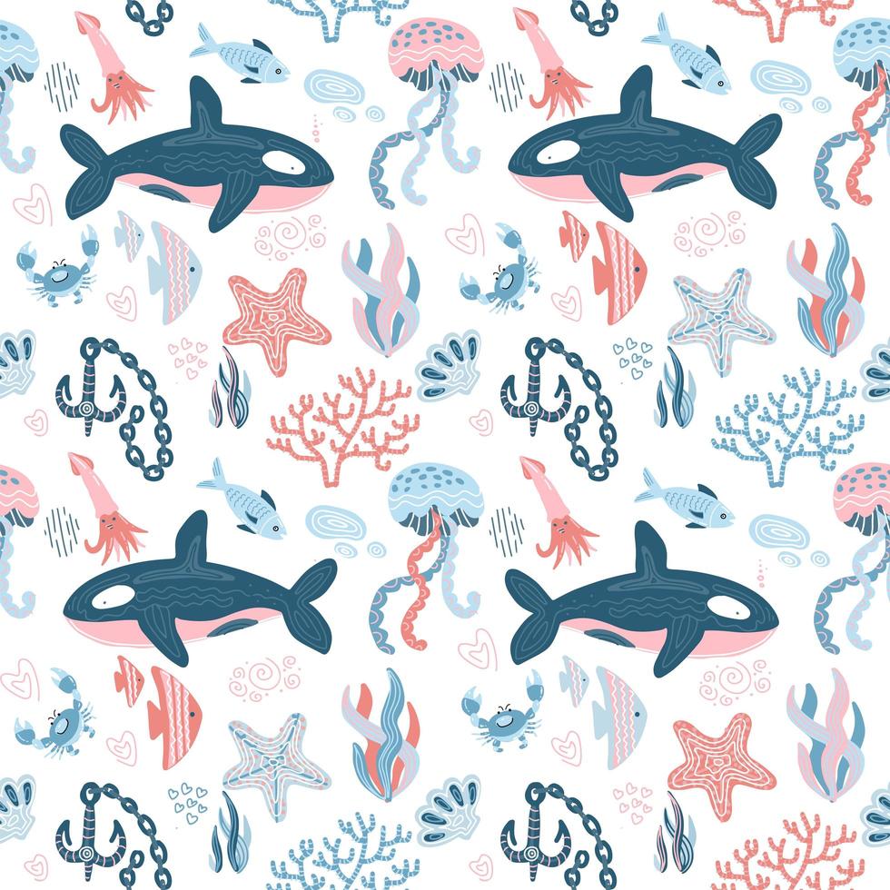 Marine inhabitants seamless patern with hand drawn doodle illusration in scandinavian style. Print isolated on white background. Underwater animals, fishes, killer whale, crab, squid, starfish, ankor vector