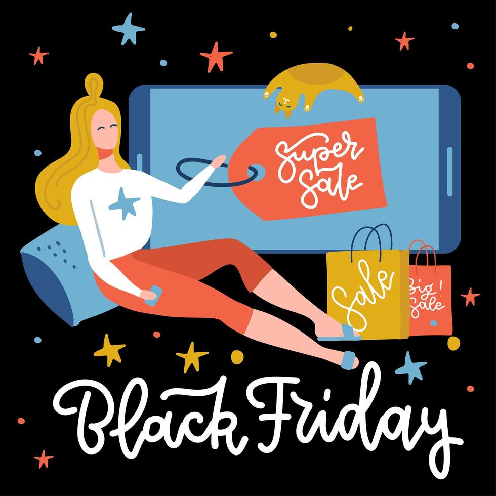 Online shopping banner, concept sale mobile app template with sitting woman character, super sale poster on screen og big phone, Black Friday concept vector flat illustration . Shopping from home.