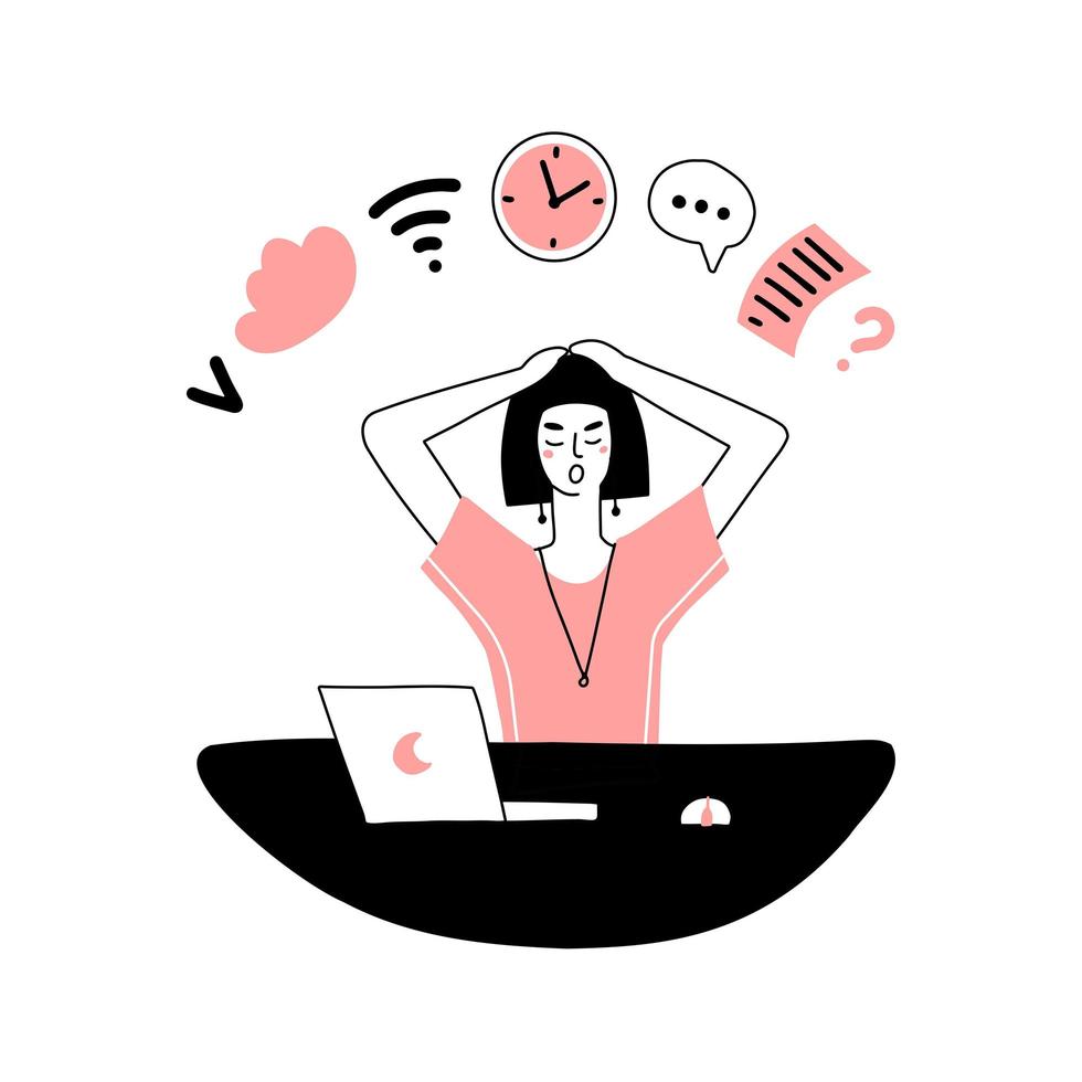 mujer multitarea en el lugar de trabajo. revisar correo, notificaciones, recordatorios, programar, trabajar en la computadora. ilustración de vector de garabato en blanco y negro sobre blanco