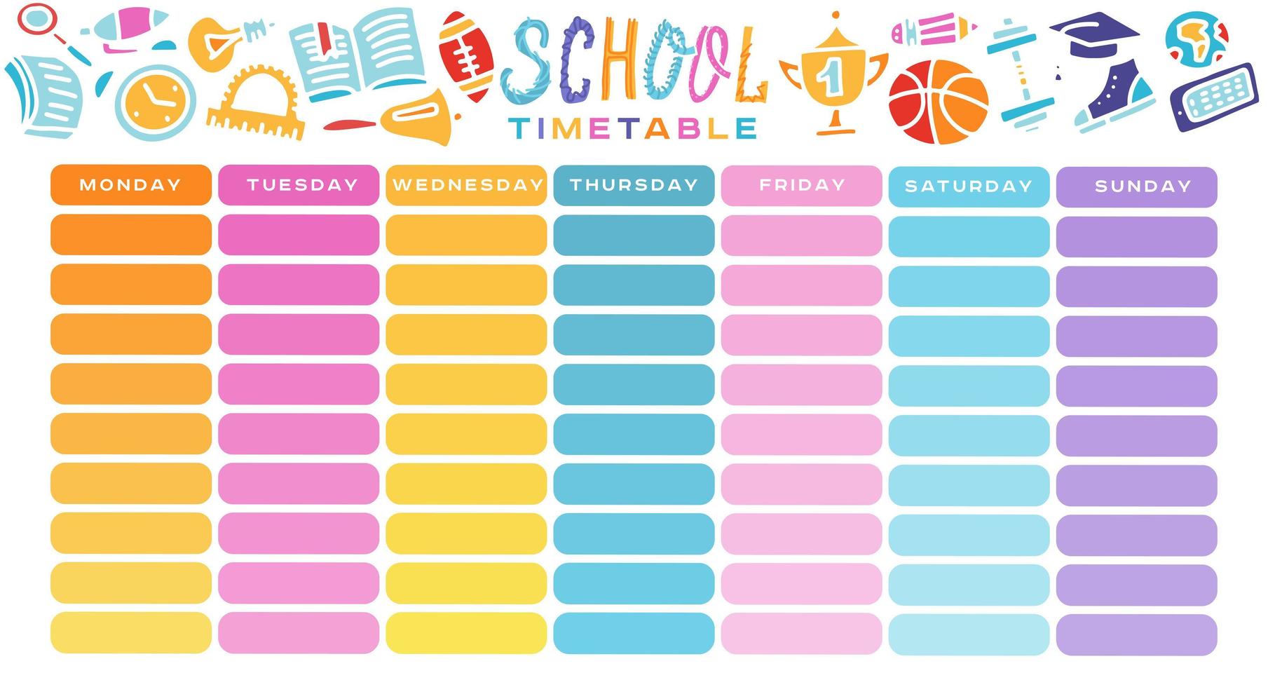 School Timetable, a weekly curriculum design template, scalable vector graphic with gradient transition. Vector Template School planning for pupils with supplies. hand drawn flat color illustration
