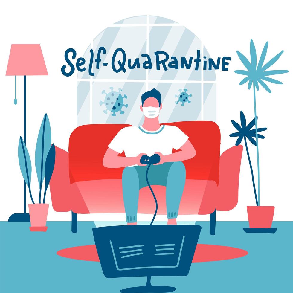 Self-quarantine concept. Man in medical mask playing video game console at home. Guy sits on sofa, holds game controller and watches TV. Room interior. Vector flat illustration