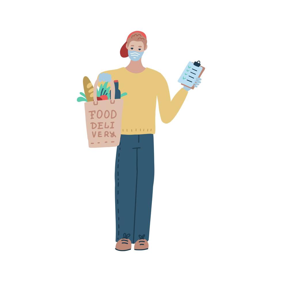 entrega del producto durante la cuarentena del coronavirus. entrega de comida. el mensajero de hombres con máscara y guantes lleva una bolsa de papel de un supermercado con comestibles. ilustración plana vectorial. vector