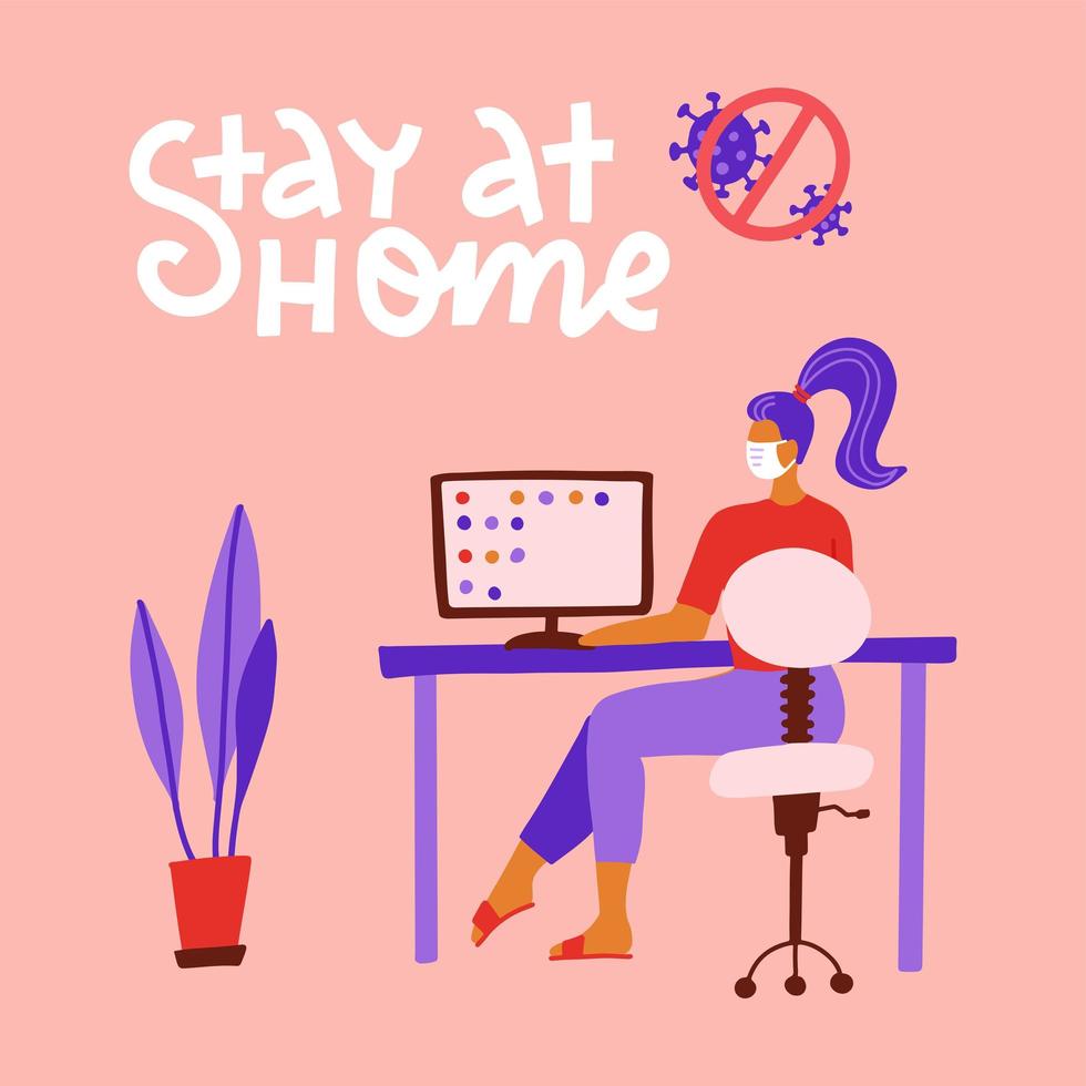 Self isolation from a pandemic. Working from home during Covid-19 concept. Stay at home. Remote work from home during Coronavirus quarantine. Woman working on PC sitting at the table. Vector flat