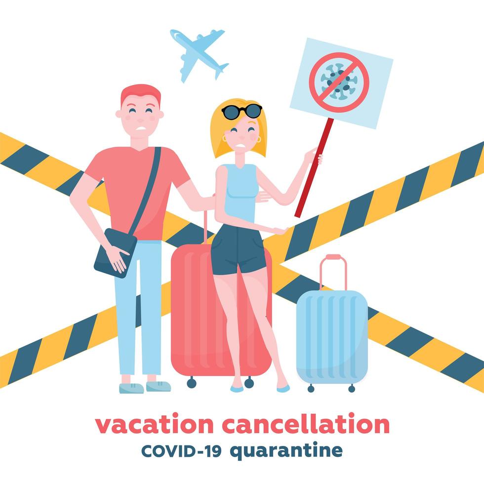 vuelos cancelados y vacaciones de viaje debido al concepto de brote de covid-19. ilustración vectorial plana. un par de turistas con pancarta tachada de coronavirus y territorio cerrado del aeropuerto vector