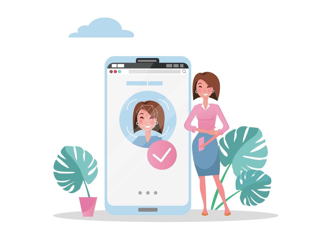 Girl with mobile big phone. Accepted Female face on smartphone screen, face id concept background, personality recognition, identification. Flat vector illustration.