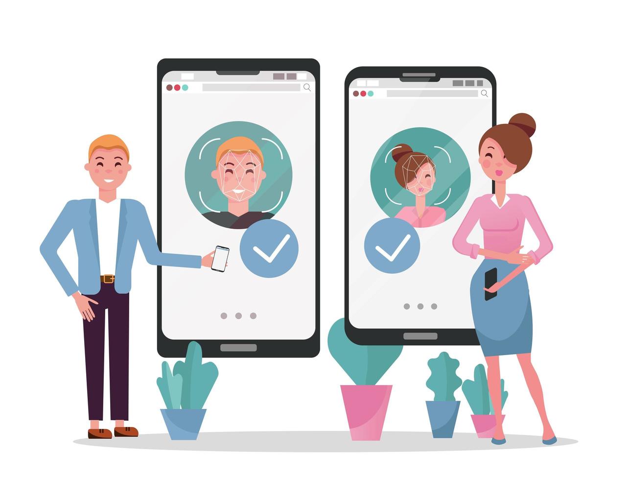 Face id concept. Woman and man with mobile phones. Female and male faces on big smartphone screens. Personality Recognition in mobile app,modern cellphone with security system.Flat vector illustration