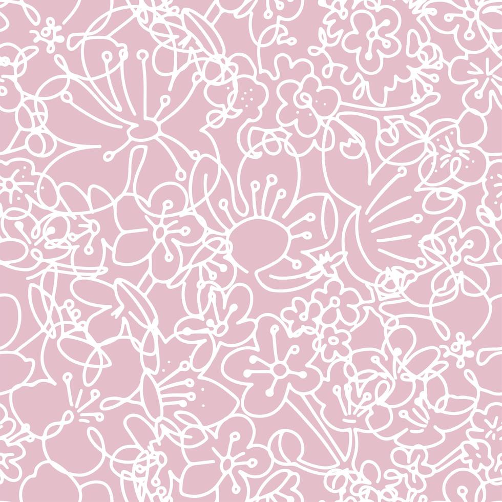 Pink and white floral seamless pattern. Cherry flowers graphic background. Silhouette linear art. One line vector illustartion.