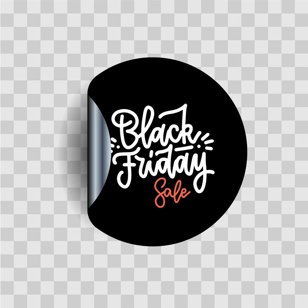 Black friday calligraphy lettering on black sticker. Vector illustration print for shop and market event, web, application, sale. Cool hand drawn label with transparent shadow.