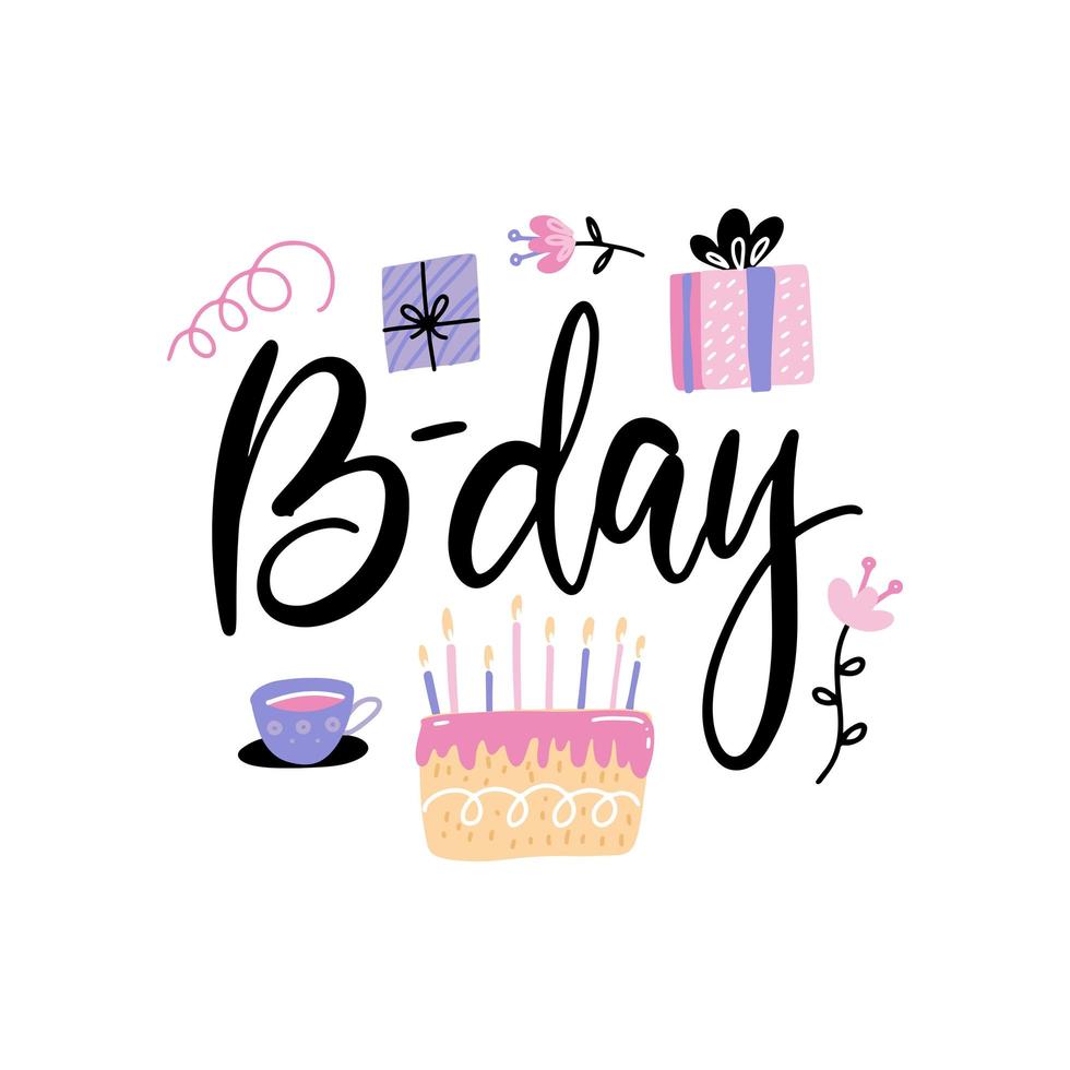 letras del día b y pastel con velas. con cajas de regalo ilustración vectorial dibujada a mano para el diseño de tarjetas o pegatinas de cumpleaños vector