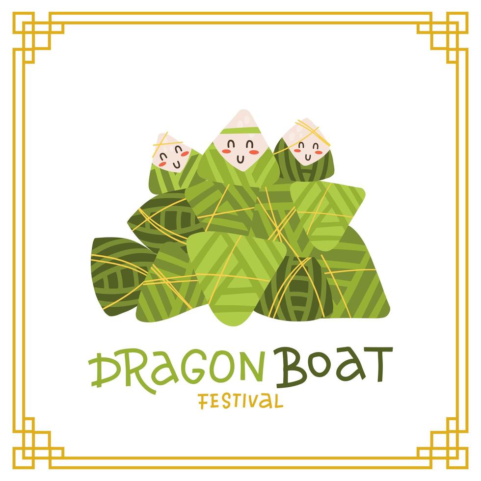 manojo de albóndigas de arroz chino - zongzi - envuelto en hojas de bambú verde. lindos personajes para celebrar el festival del bote del dragón. ilustración vectorial plana aislada en fondo blanco con letras. vector