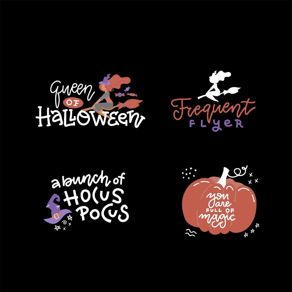 tipografía de halloween, juego de letras. diseño de pancartas, estampado de tela. elementos de terror con texto divertido - reina de halloween. viajero frecuente, un montón de hocus pocus. etiquetas de fiesta de halloween. diseño vectorial vector