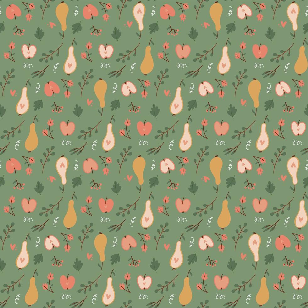 Colorful autumn natural seamless pattern with fruits - pear and apple. Fall endless background. Flat vector illustration.