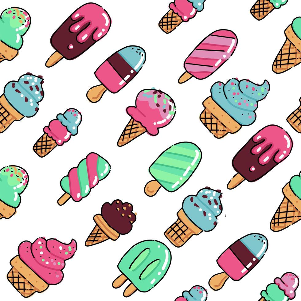 Vector trendy seamless pattern with many sorts of ice cream. Modern summer fashion print background. Hand drawn outline doodle vector illustration