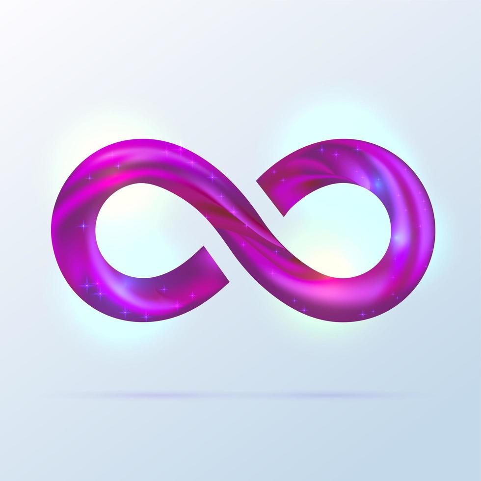 símbolo de infinito de línea swoosh de fusión violeta brillante. ilustración de volumen 3d vectorial aislada sobre fondo blanco. signo de infinito púrpura brillante, logotipo para presentación. línea ondulada espiral de neón. vector