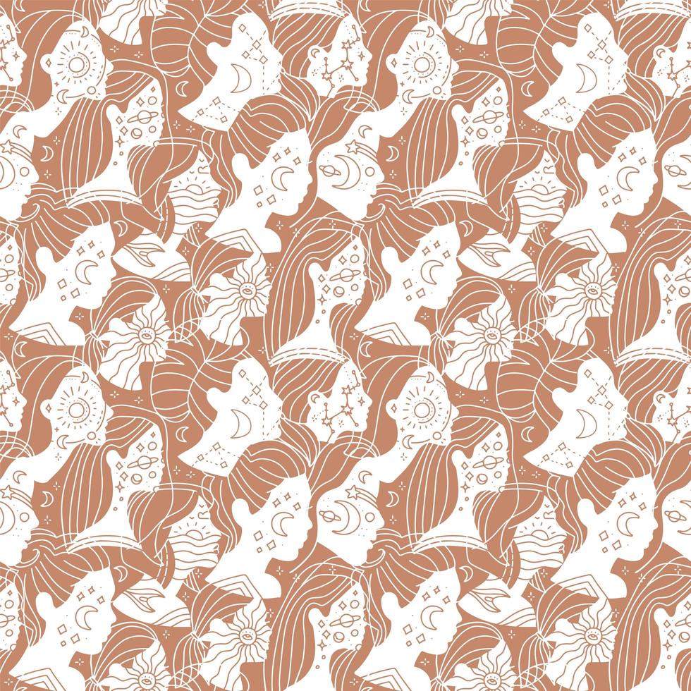 Seamless pattern with Abstract profile portrait of young pretty woman. Continuous line drawing of female heads. Vector illustration in simple modern linear style. Wallpaper, textile or wrapping paper.