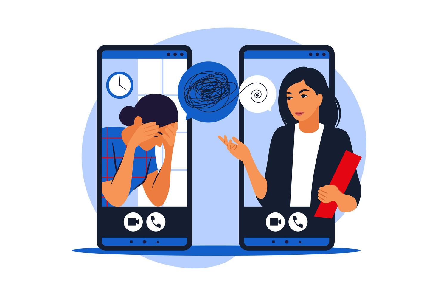 Psychological counseling concept. Psychological assistance service online on mobile phone. Therapist is helping to patient cope with a stressful situation. Vector illustration. Flat.