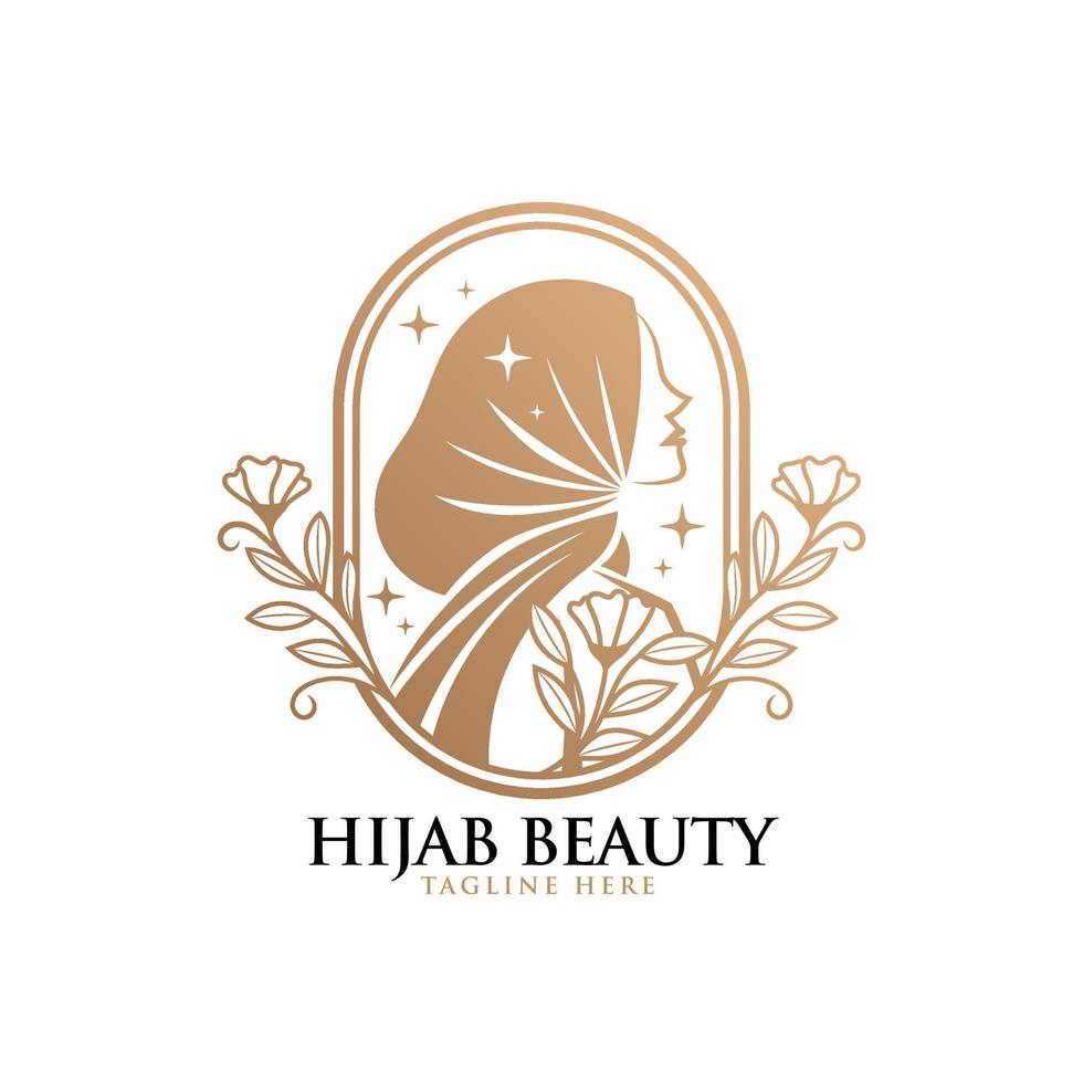 Feminine beauty woman hijab natural vintage logo template vector