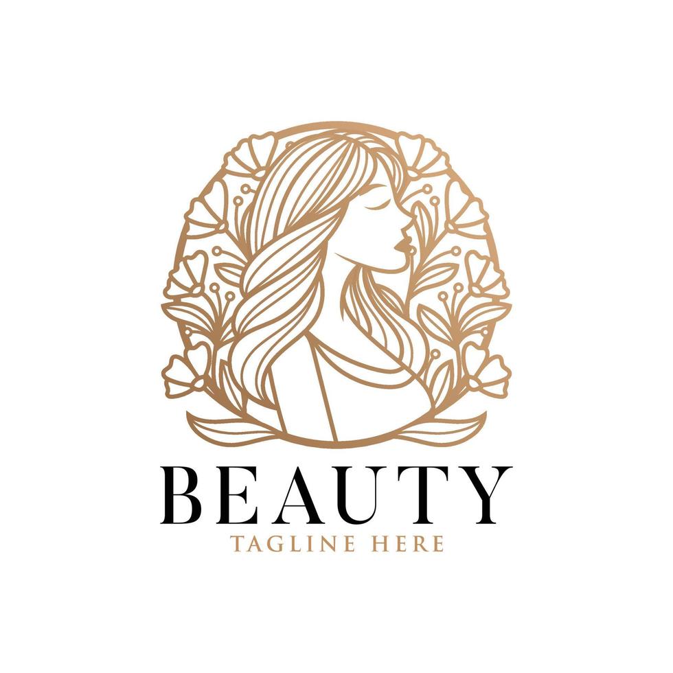 Feminine line art beauty woman natural gold logo design template vector