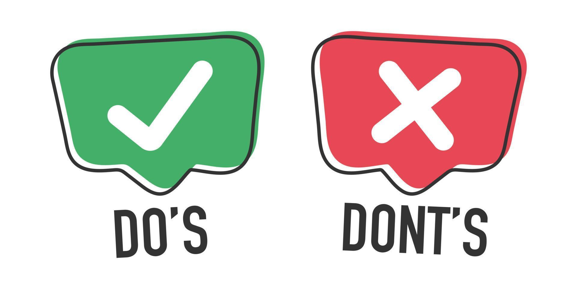 hacer y no hacer o iconos buenos y malos con símbolos positivos y negativos vector