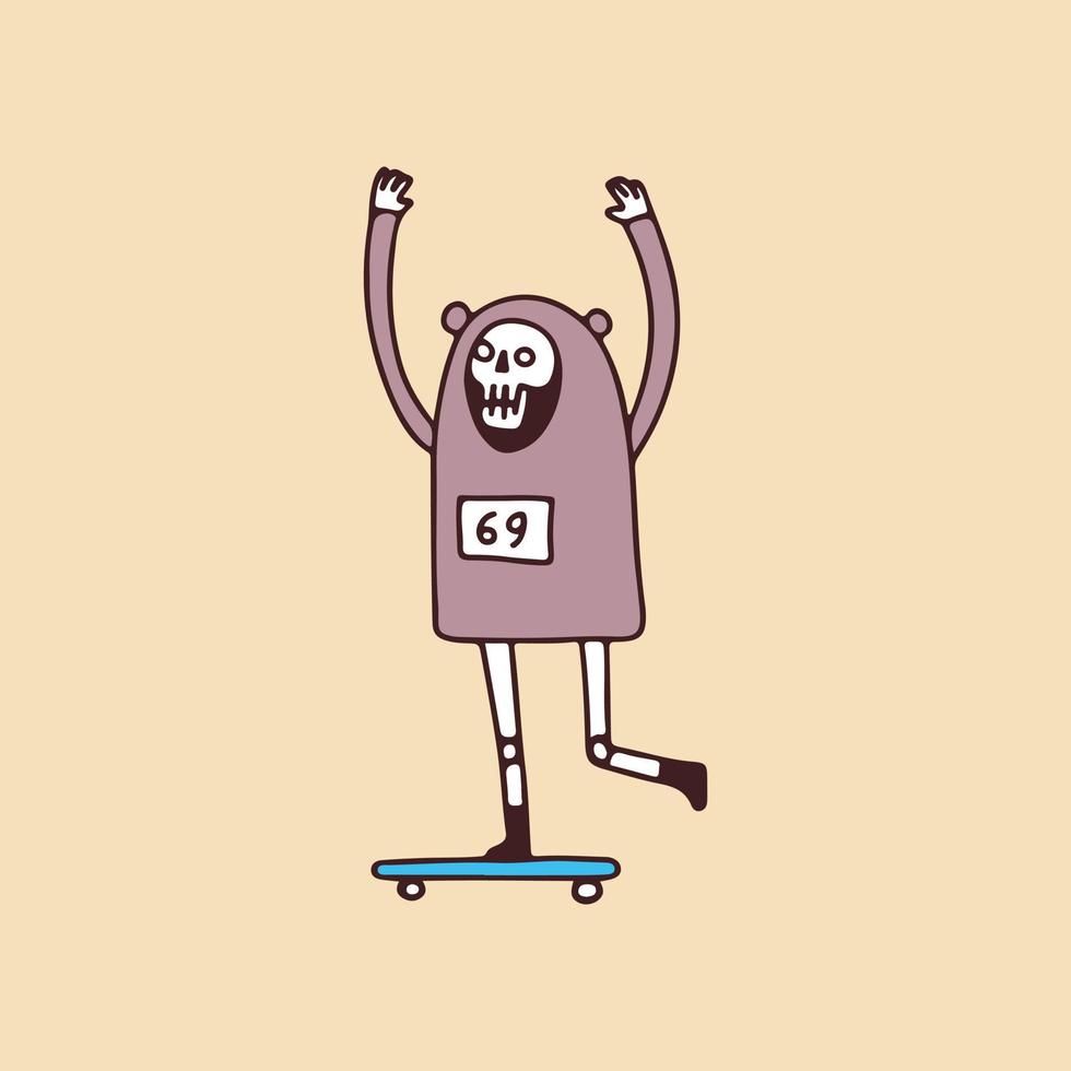 linda calavera con traje de oso y patineta, ilustración para camisetas, calcomanías o prendas de vestir. con estilo de dibujos animados retro. vector