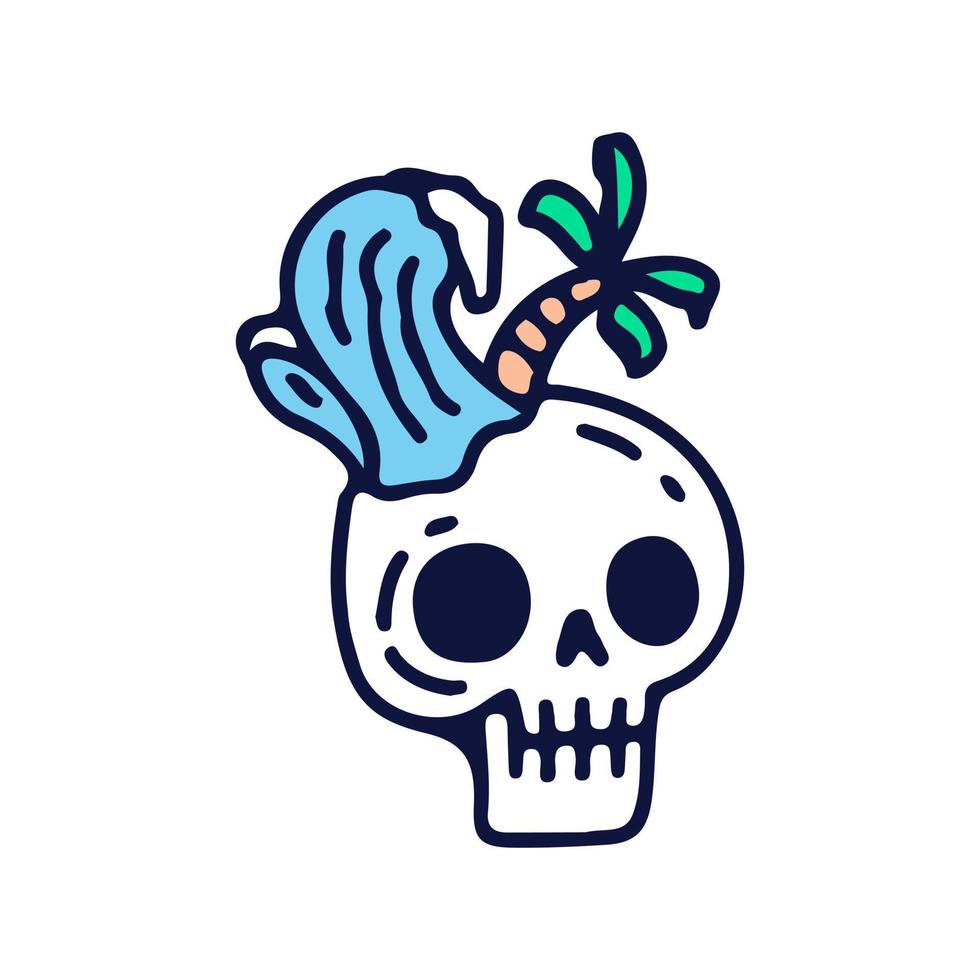 Skull and beach, illustration for t-shirt, sticker, or apparel merchandise. With doodle, soft pop, and cartoon style. vector