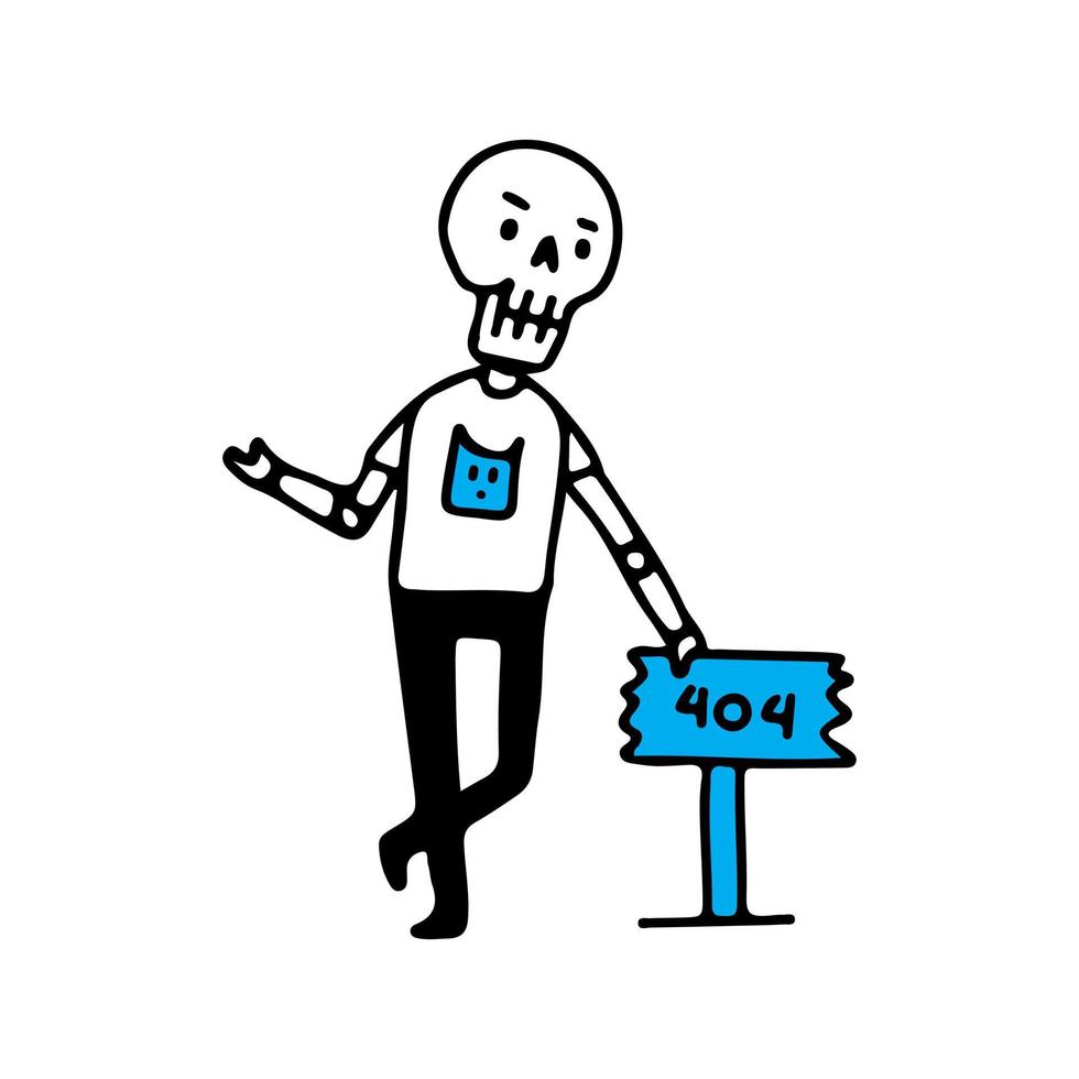esqueleto genial con signo de error 404, ilustración para camisetas, pegatinas o prendas de vestir. con garabato, pop suave y estilo de dibujos animados. vector