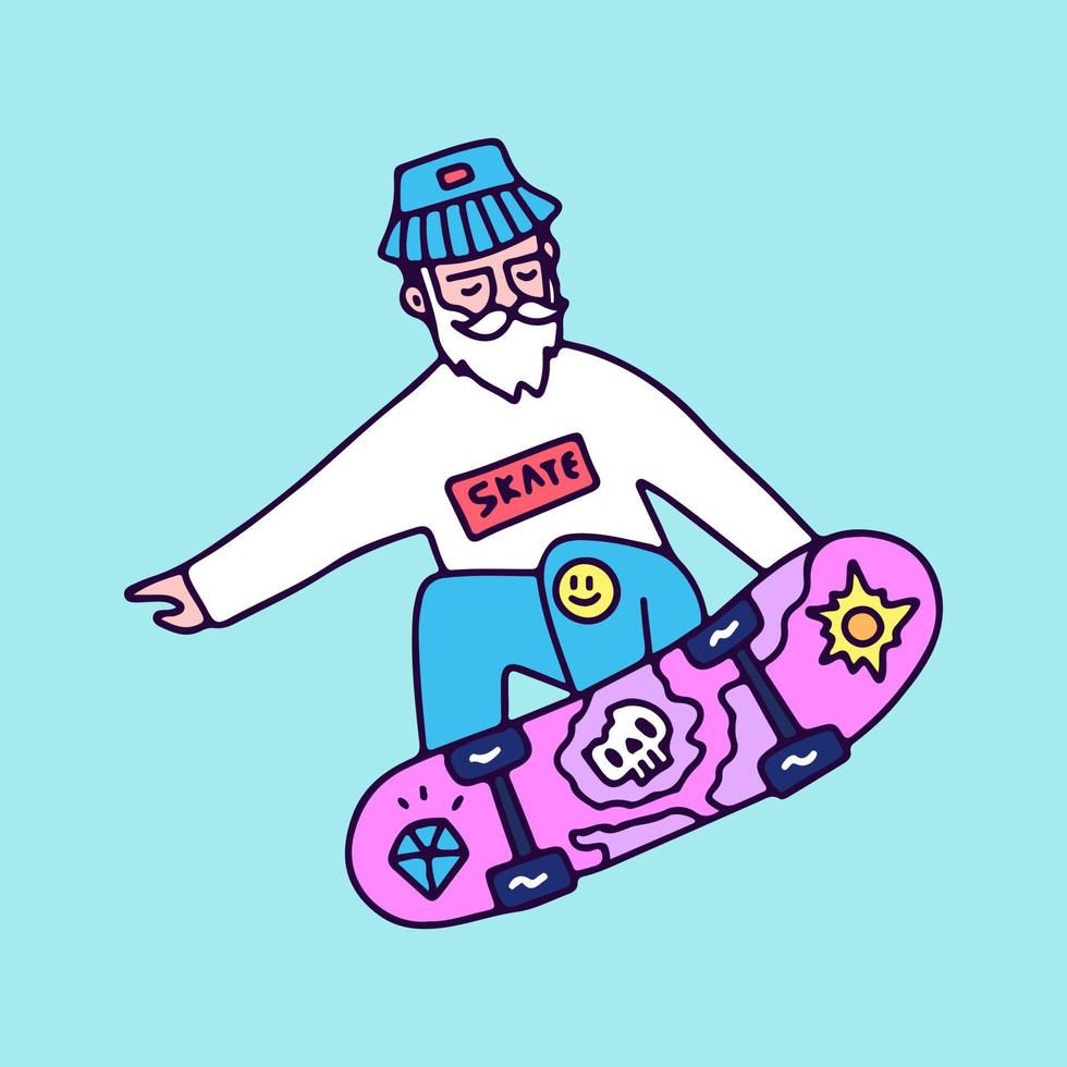 exagera el estilo libre de un anciano barbudo con patineta, ilustración para camisetas, calcomanías o prendas de vestir. con garabato, pop suave y estilo de dibujos animados. vector