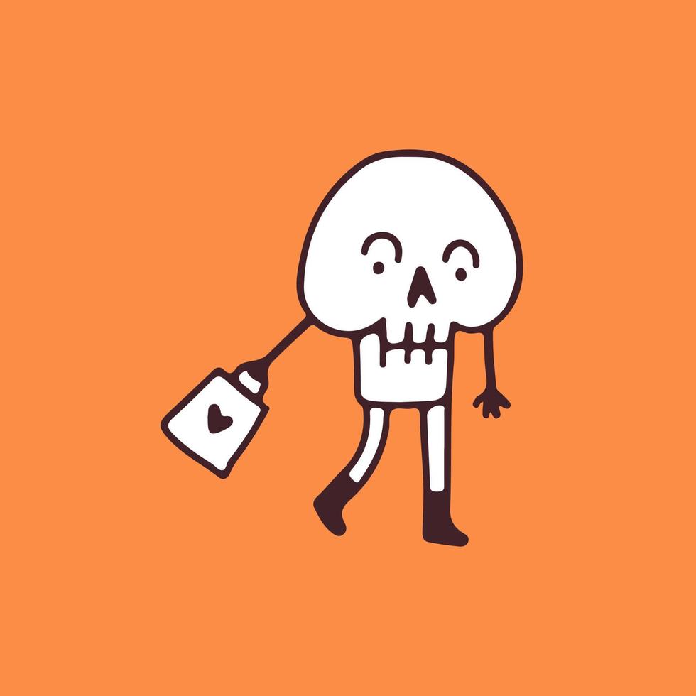 Skeleton character with shopping bag, illustration for t-shirt, sticker, or apparel merchandise. With doodle, soft pop, and cartoon style. vector
