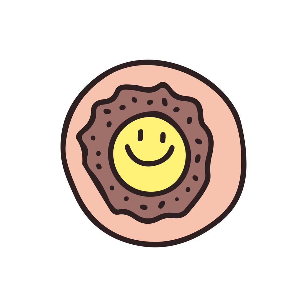 donut y emoji de cara sonriente, ilustración para camisetas, pegatinas o prendas de vestir. con garabato, pop suave y estilo de dibujos animados. vector