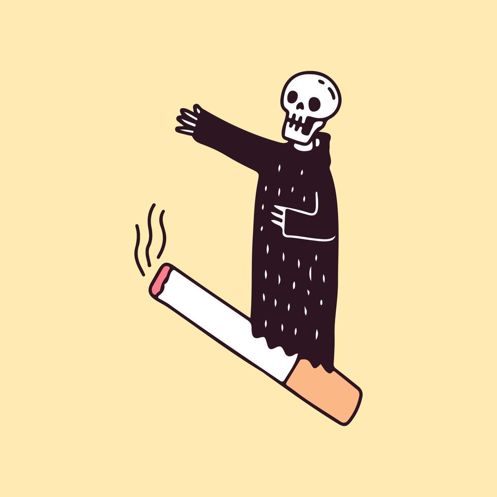 el esqueleto monta un cigarrillo, ilustración para camisetas, calcomanías o prendas de vestir. con garabato, pop suave y estilo de dibujos animados. vector