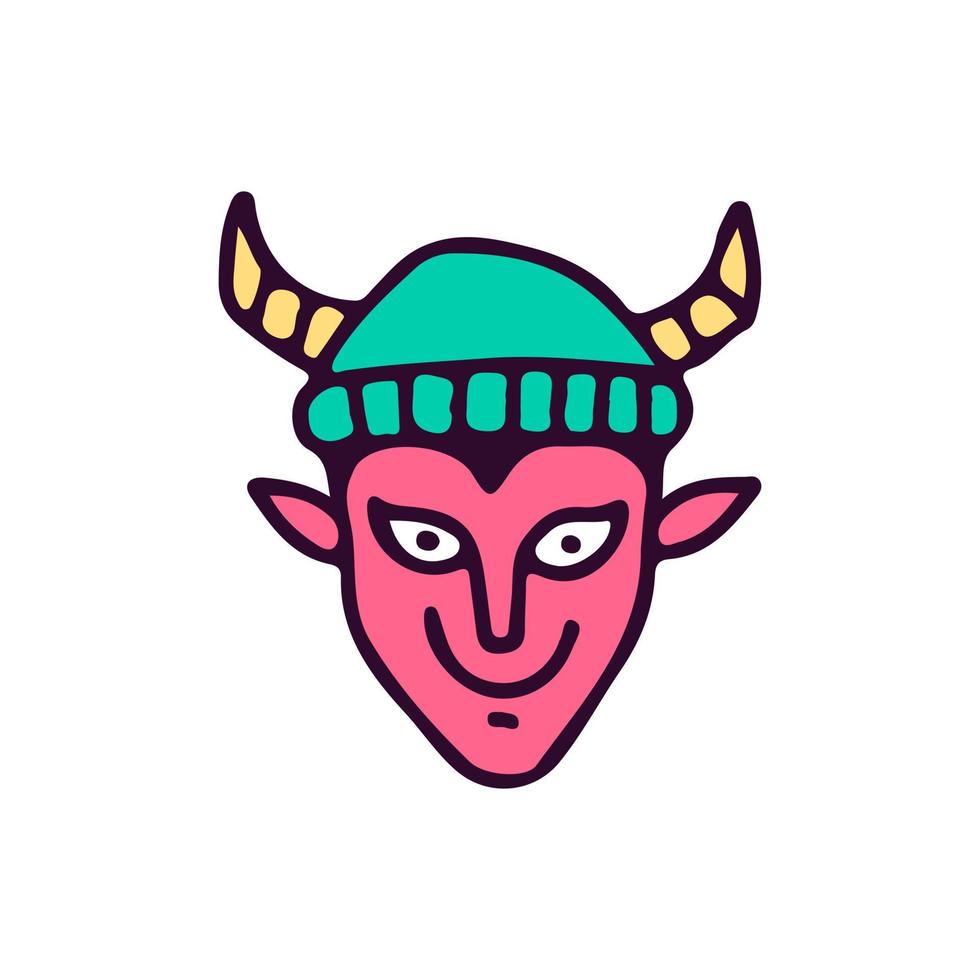 Devil head wearing beanie hat, illustration for t-shirt, sticker, or apparel merchandise. With doodle, soft pop, and cartoon style. vector
