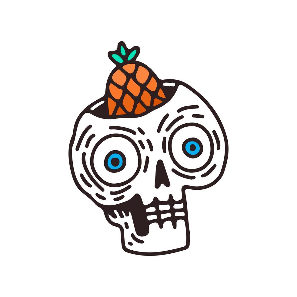 cabeza de calavera y piña, ilustración para camisetas, pegatinas o prendas de vestir. con garabato, pop suave y estilo de dibujos animados. vector