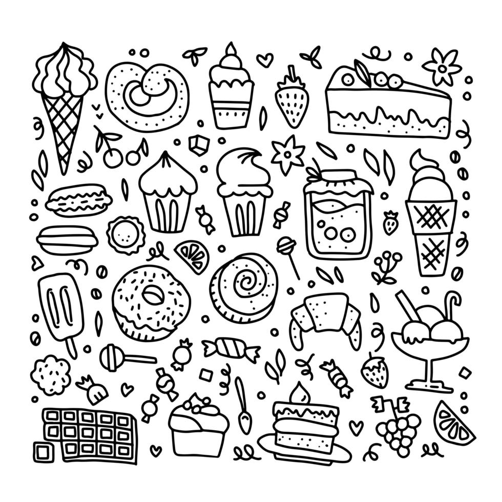 ilustración vectorial de dulces en contornos. pastel, macarrones, croissant, donuts, helado. sabrosa ilustración. página para colorear ilustración para colorear libro. vector