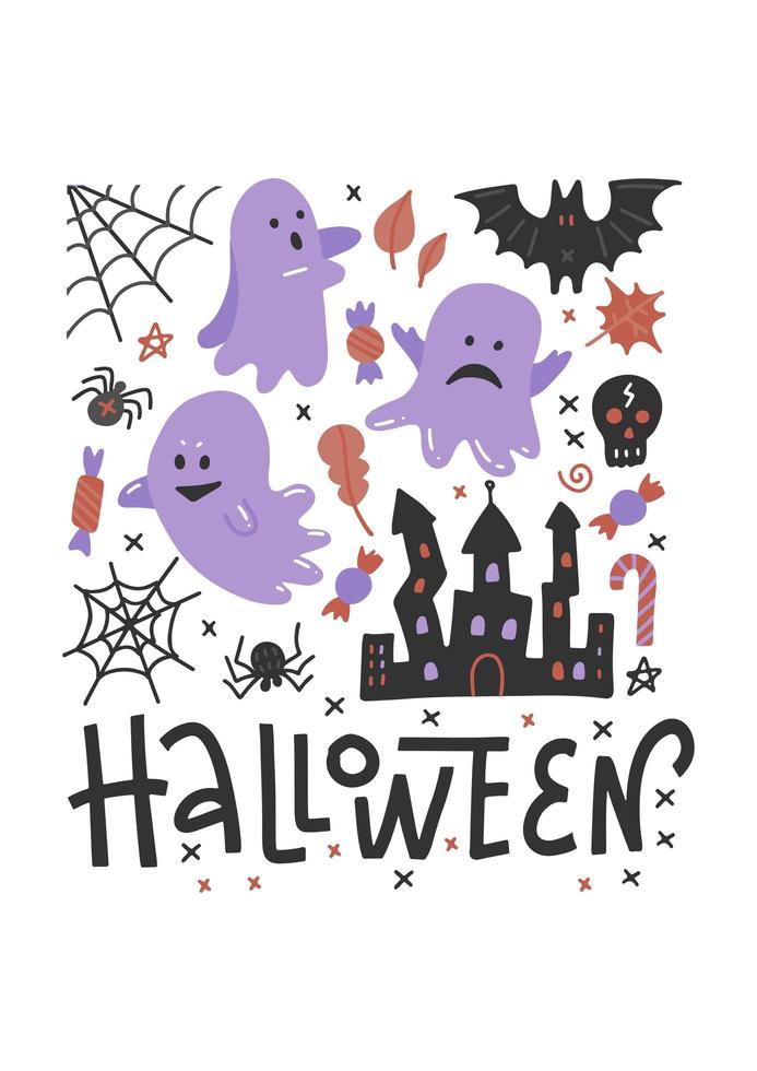 Flying ghost spirit on Haloween invitation template. Scary white ghosts. Cute cartoon spooky character. Happy Halloween. White background. Lettering Greeting card. Flat vector design.