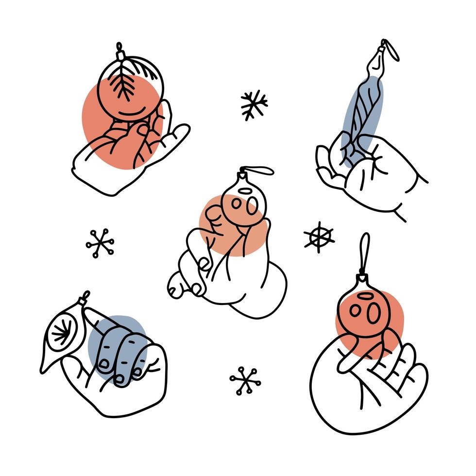 Baby s hands hanging christmas balls and baubles. Set of linear illustrations with abstract shapes. Cute childish palms with glass xmas tree decorations. vector